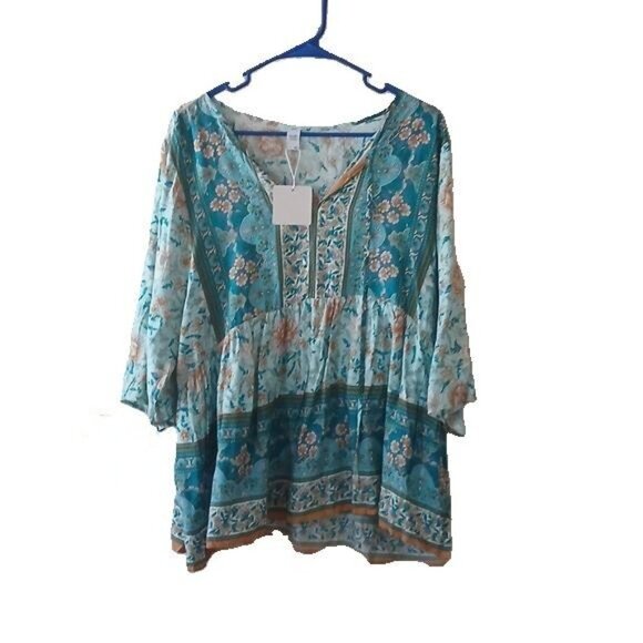 Women"s Boho Short Sleeve Top by Brown Coco Size 0XL NWT - Picture 3 of 4